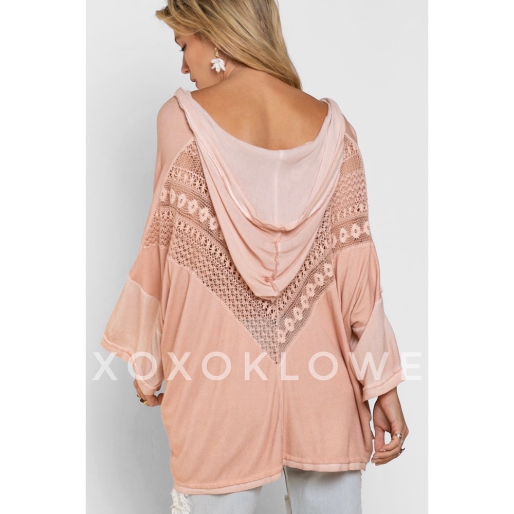 POL Washed Pink Rayon & Lace Oversized Hoodie Top - Picture 5 of 10